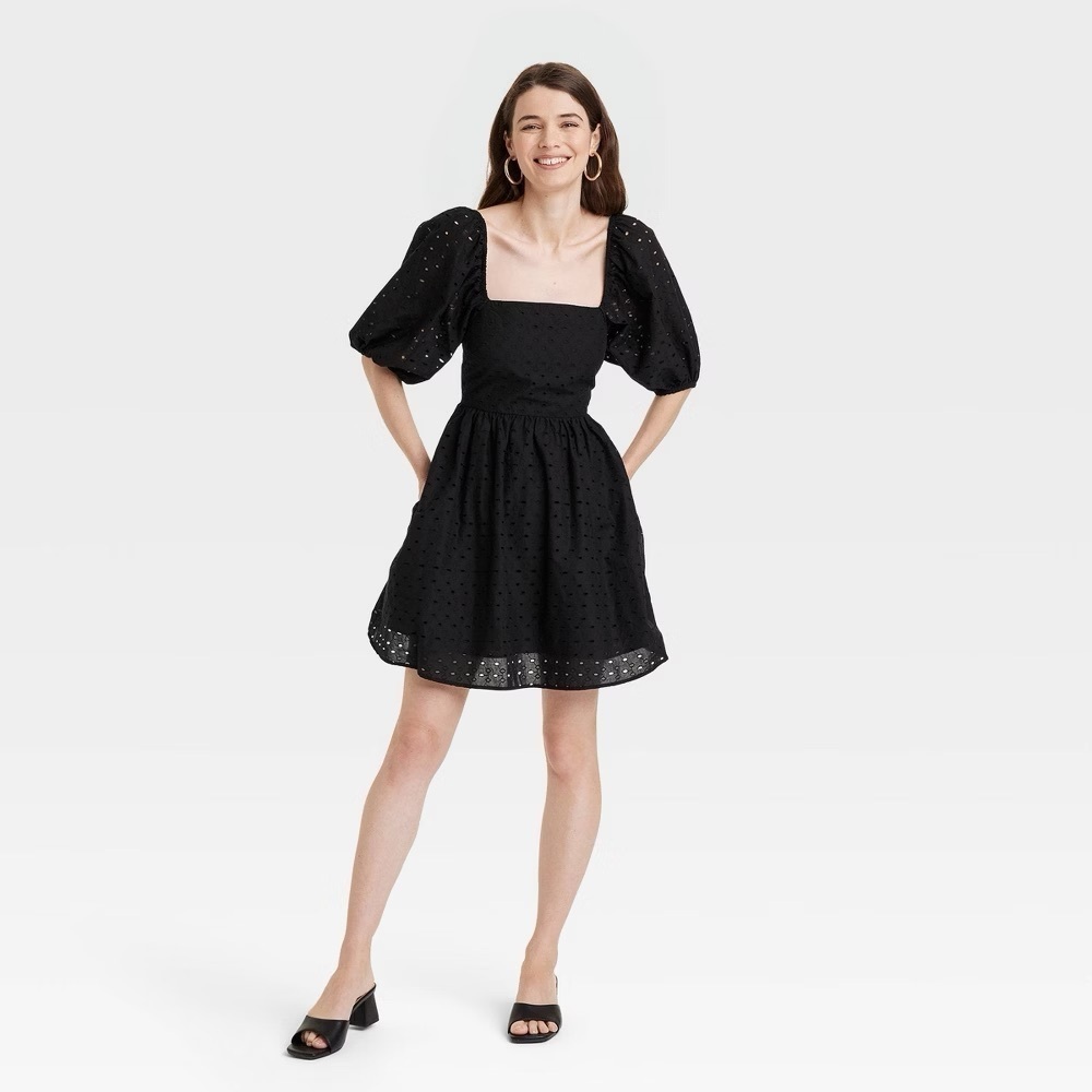 A New Day Black 100% Cotton Puff Sleeve Open Back Mini Dress Women’s Size Small
